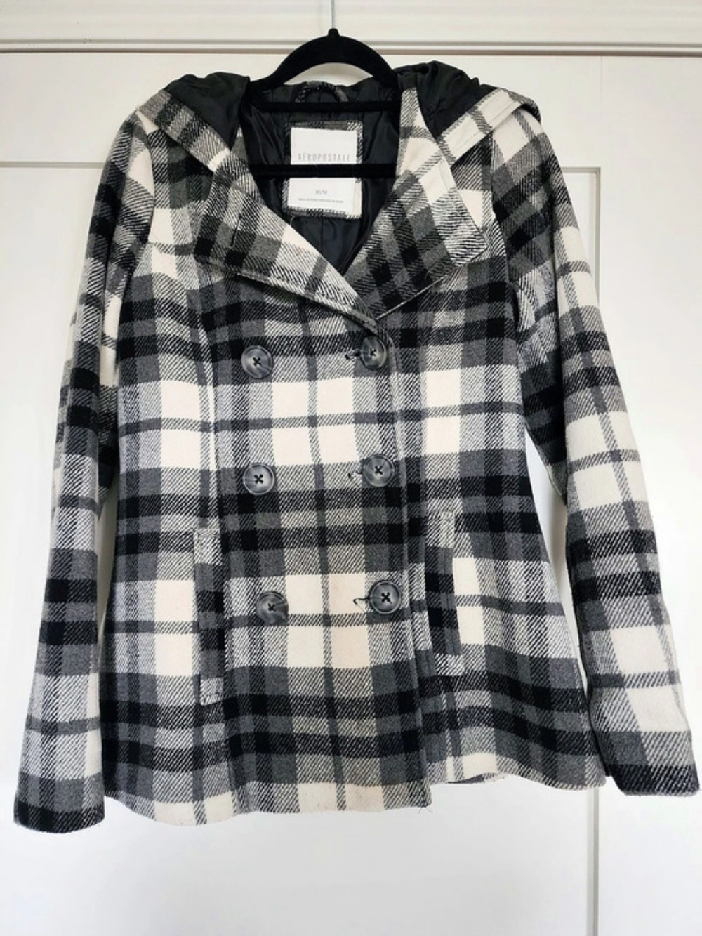 Aeropostale Plaid Fit Flare Hooded Peacoat Women's M Black White Wool Blend